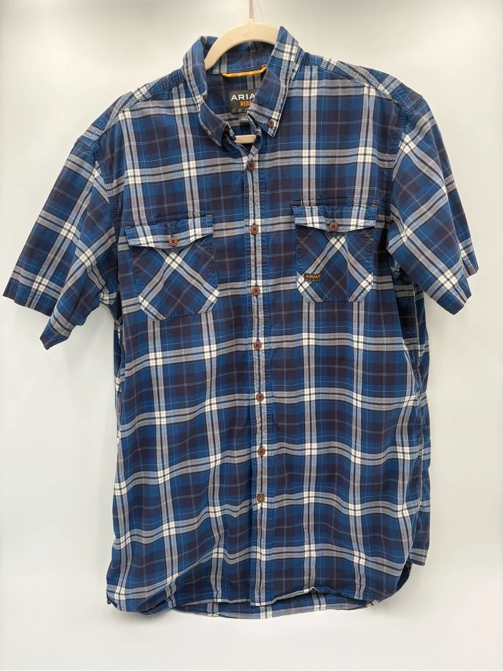 Ariat Rebar Men’s L Tall Blue‎ Plaid Short Sleeve Button Down Work Shirt